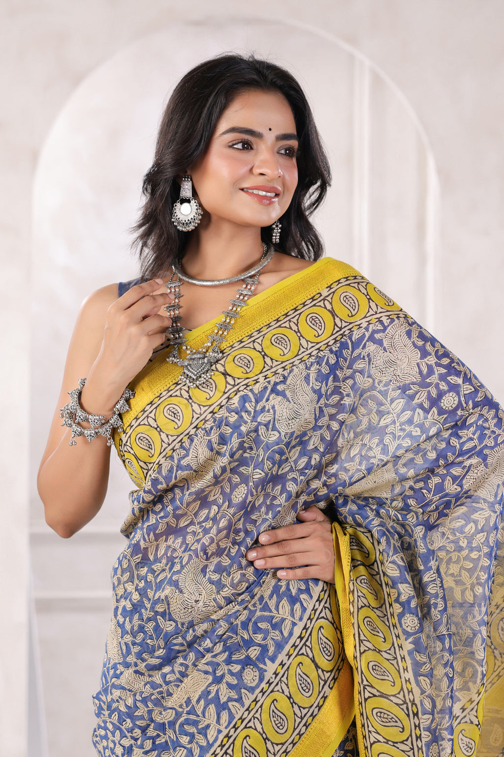 Blue Bagru Hand-Block Printed Chanderi Saree Sustainable