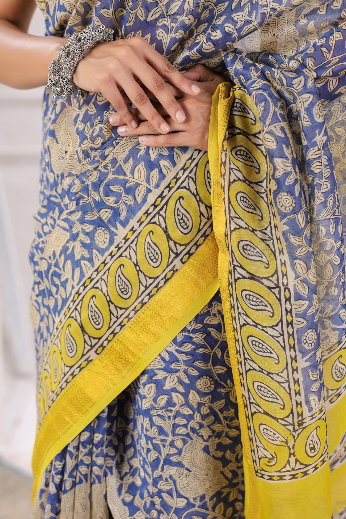 Blue Bagru Hand-Block Printed Chanderi Saree Sustainable