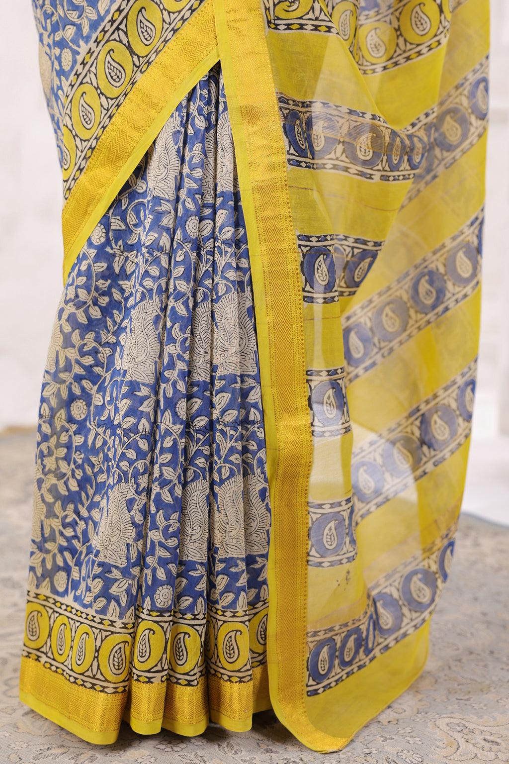 Blue Bagru Hand-Block Printed Chanderi Saree Sustainable