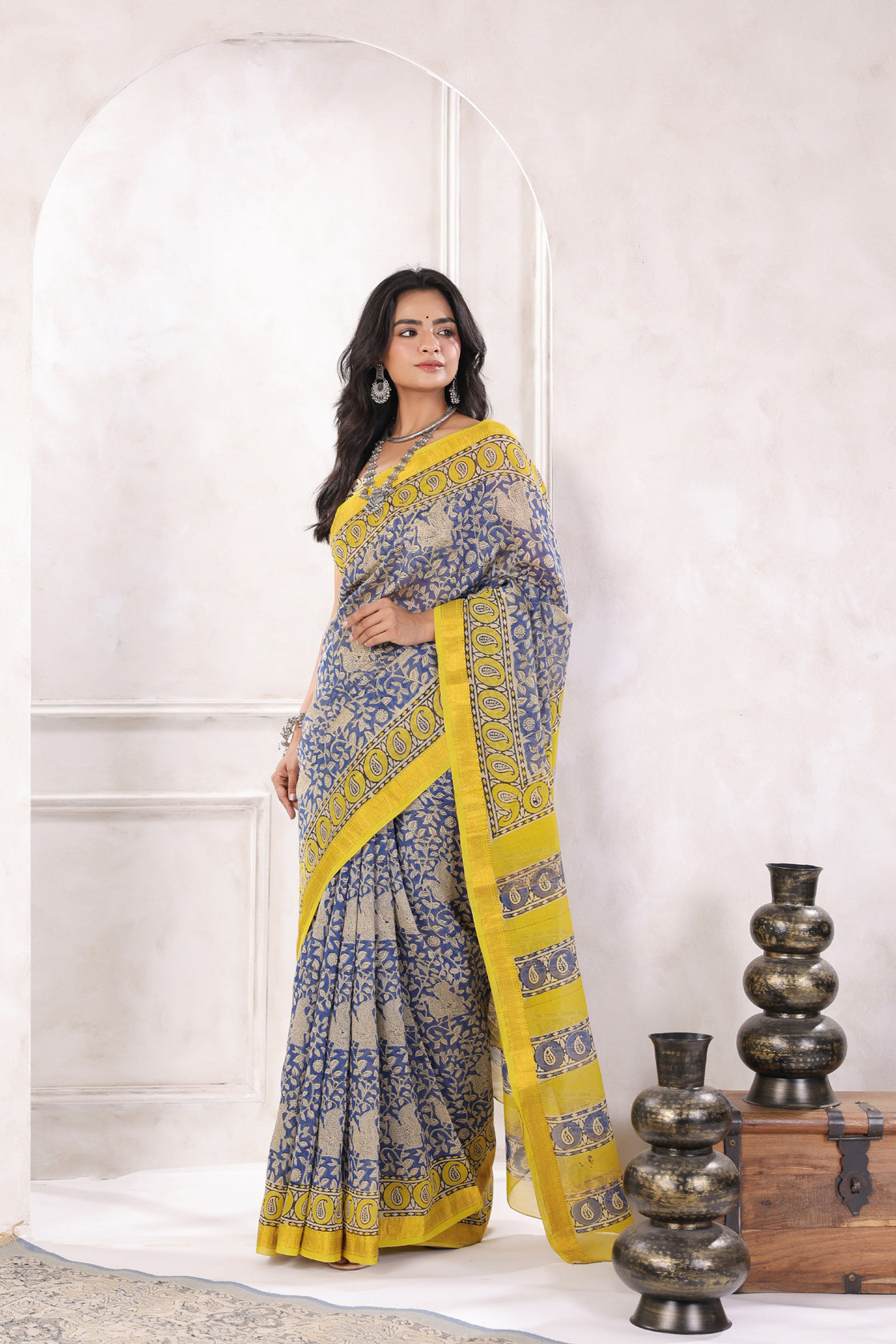 Blue Bagru Hand-Block Printed Chanderi Saree Sustainable