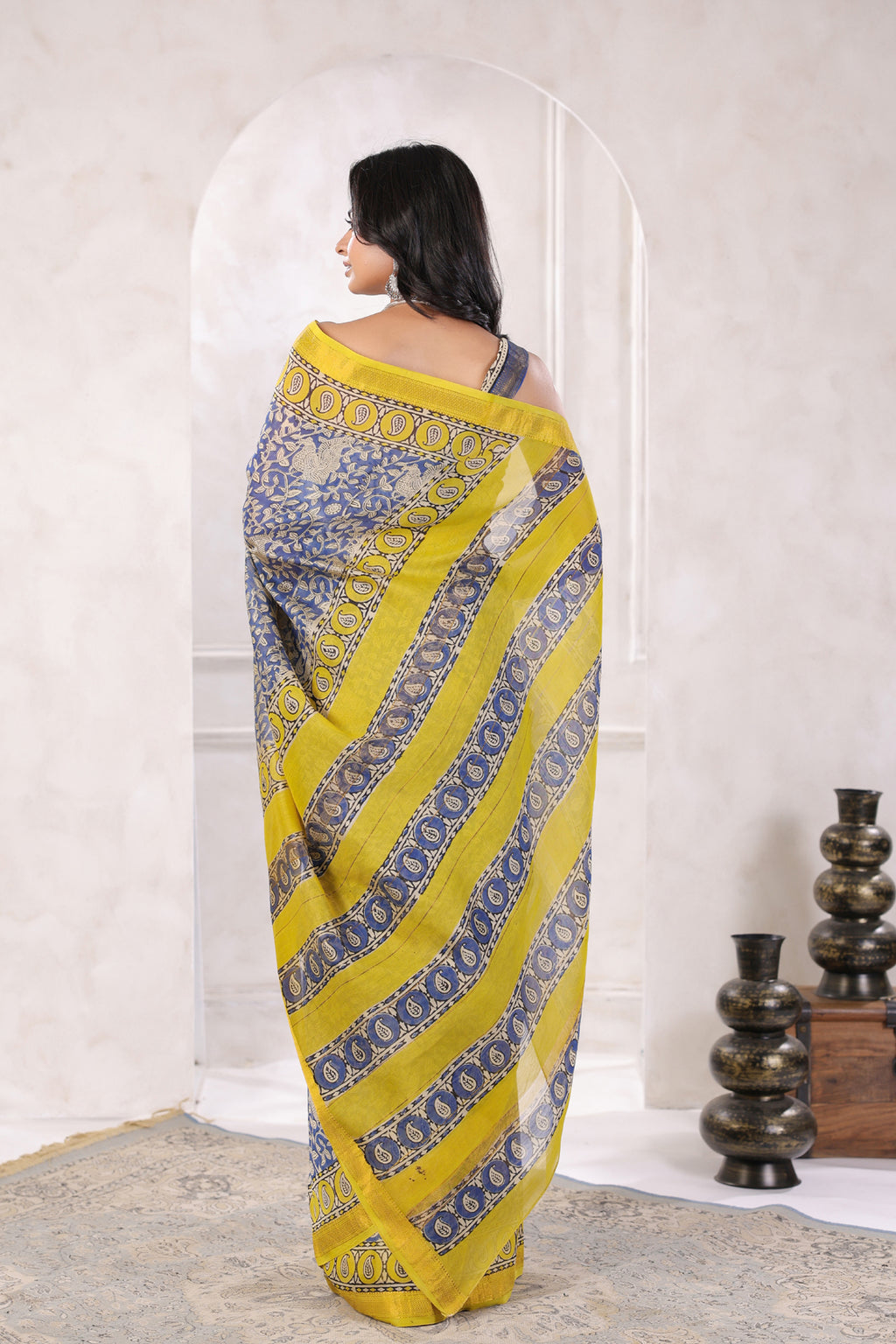 Blue Bagru Hand-Block Printed Chanderi Saree Sustainable