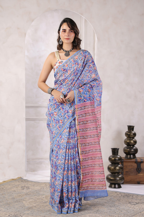 Blue Hand Block Printed Floral Chanderi Silk Saree