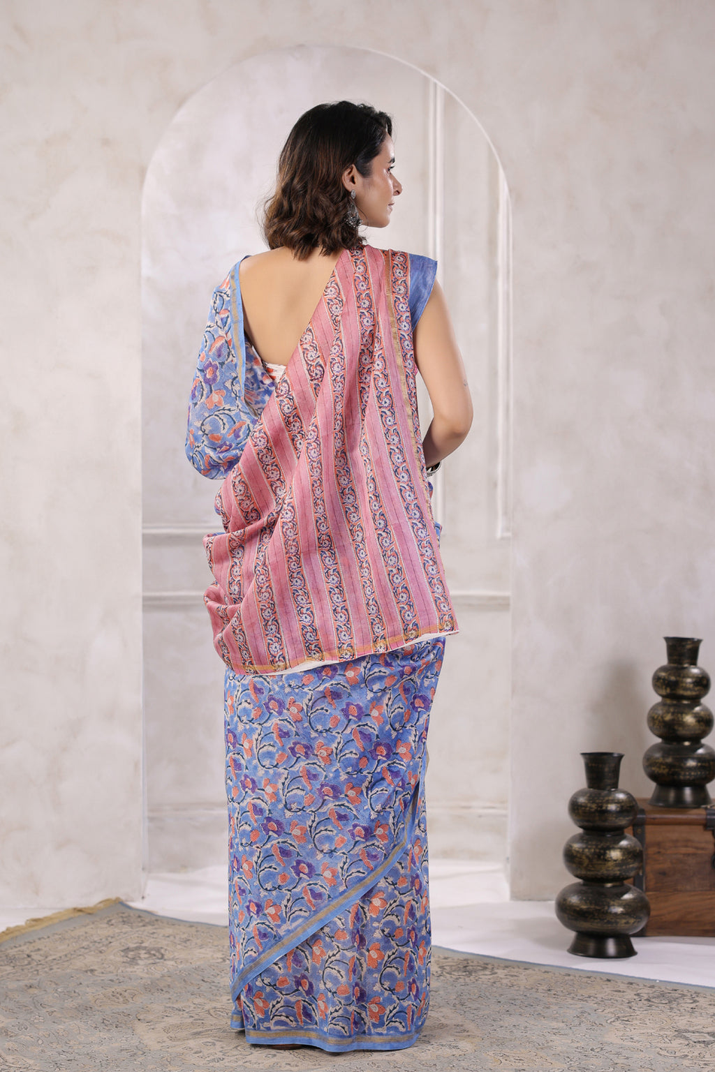 Blue Hand Block Printed Bagru Pure Chanderi Sustainable Saree
