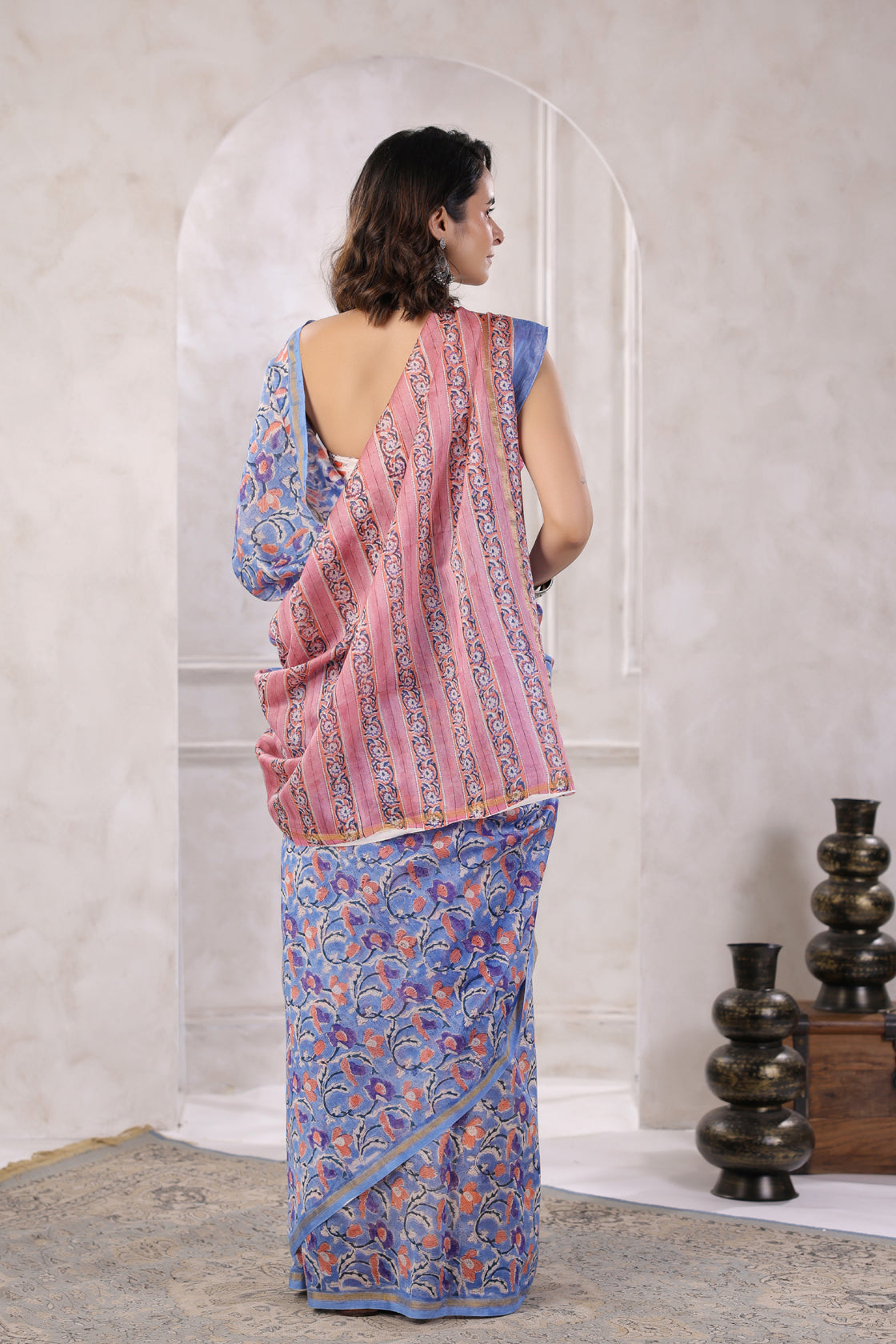 Blue Hand Block Printed Bagru Pure Chanderi Sustainable Saree