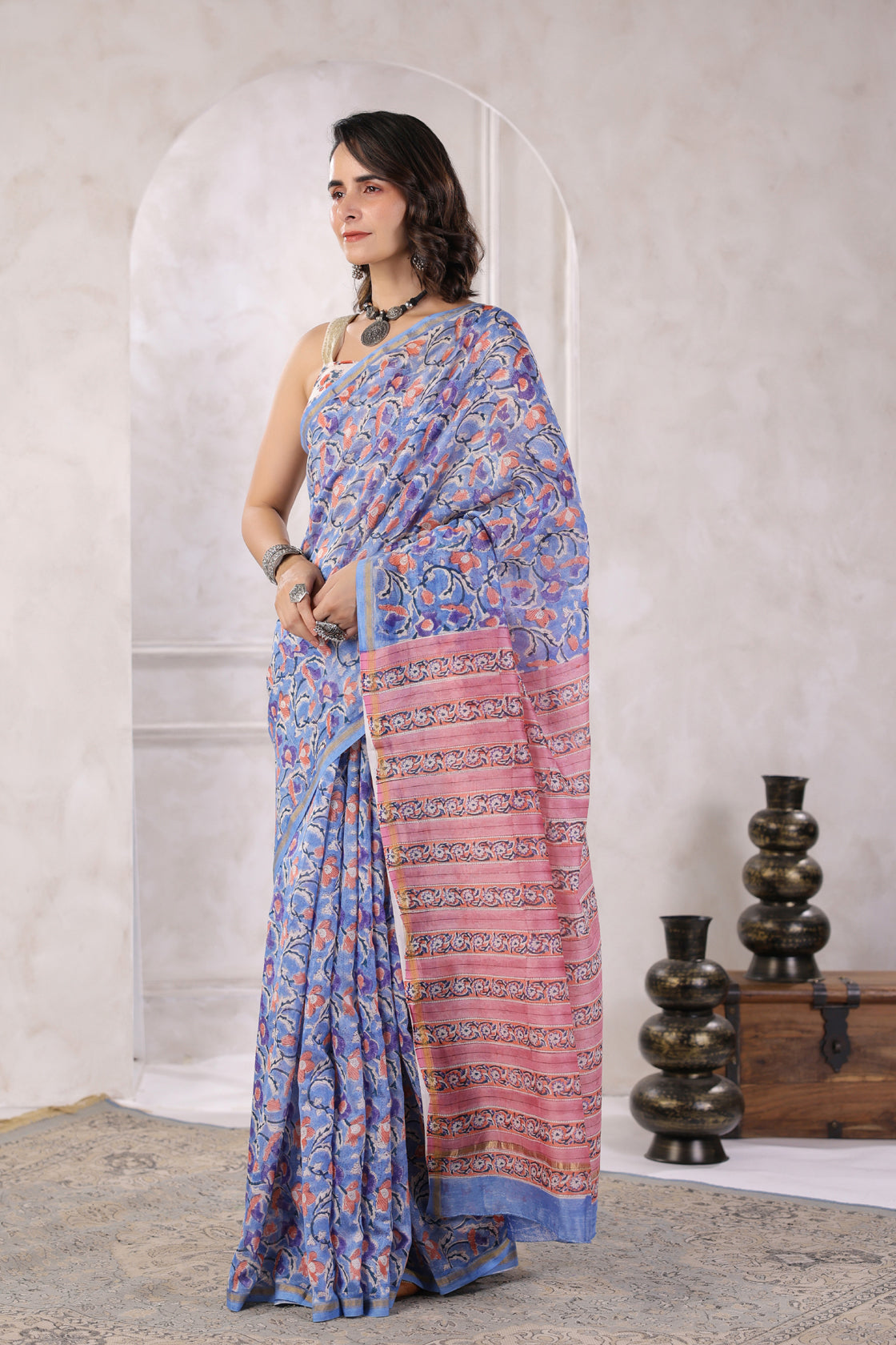 Blue Hand Block Printed Bagru Pure Chanderi Sustainable Saree