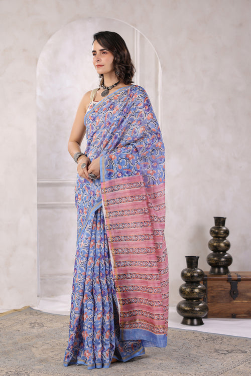 Blue Hand Block Printed Bagru Pure Chanderi Sustainable Saree