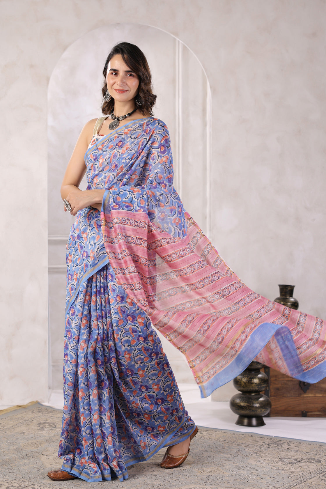Blue Hand Block Printed Bagru Pure Chanderi Sustainable Saree