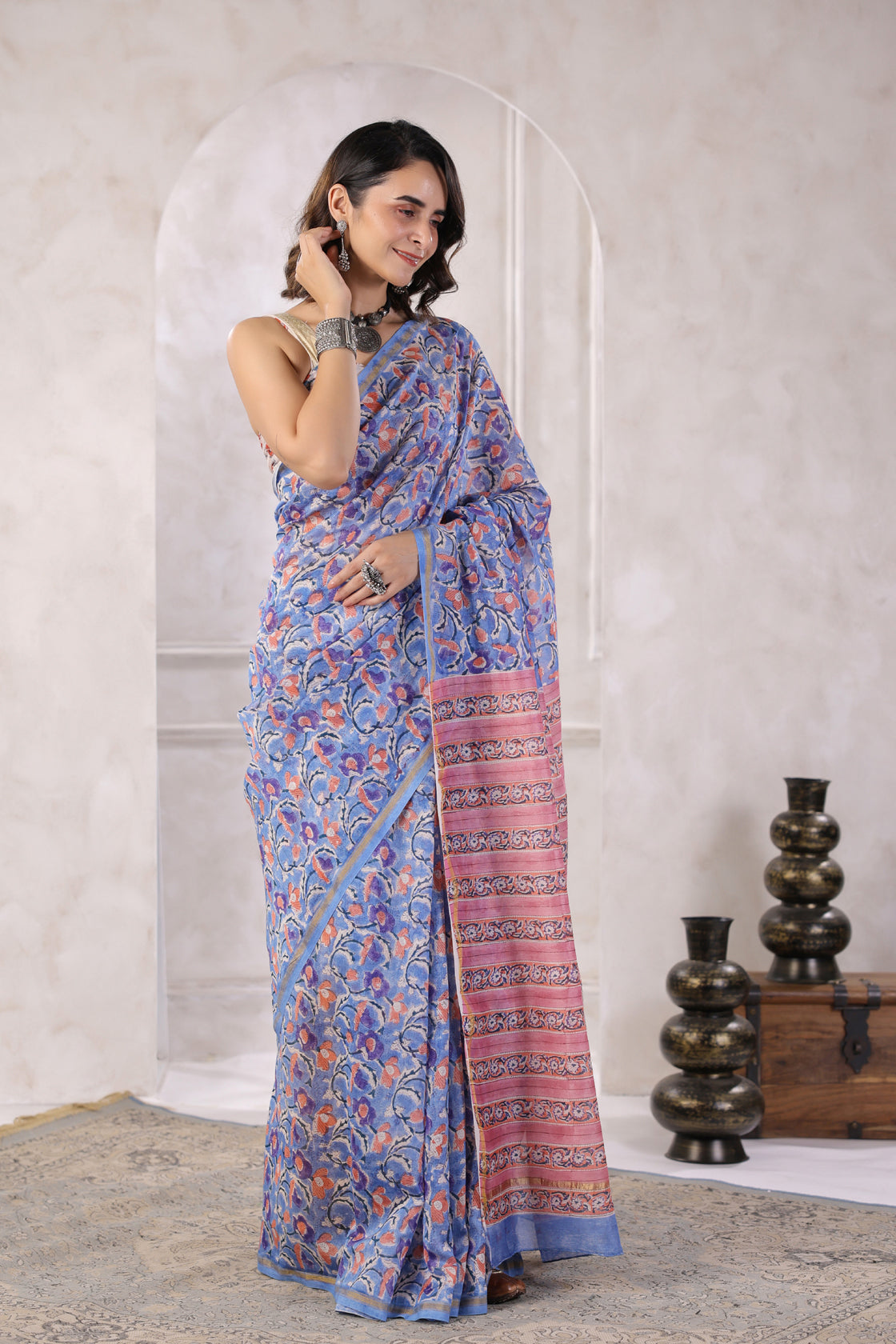 Blue Hand Block Printed Bagru Pure Chanderi Sustainable Saree