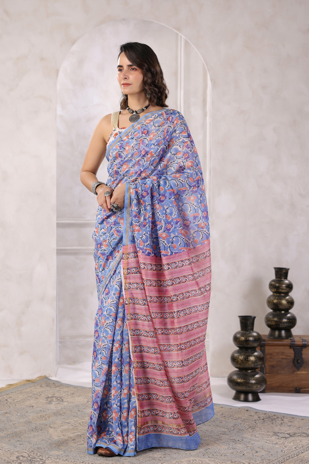 Blue Hand Block Printed Bagru Pure Chanderi Sustainable Saree
