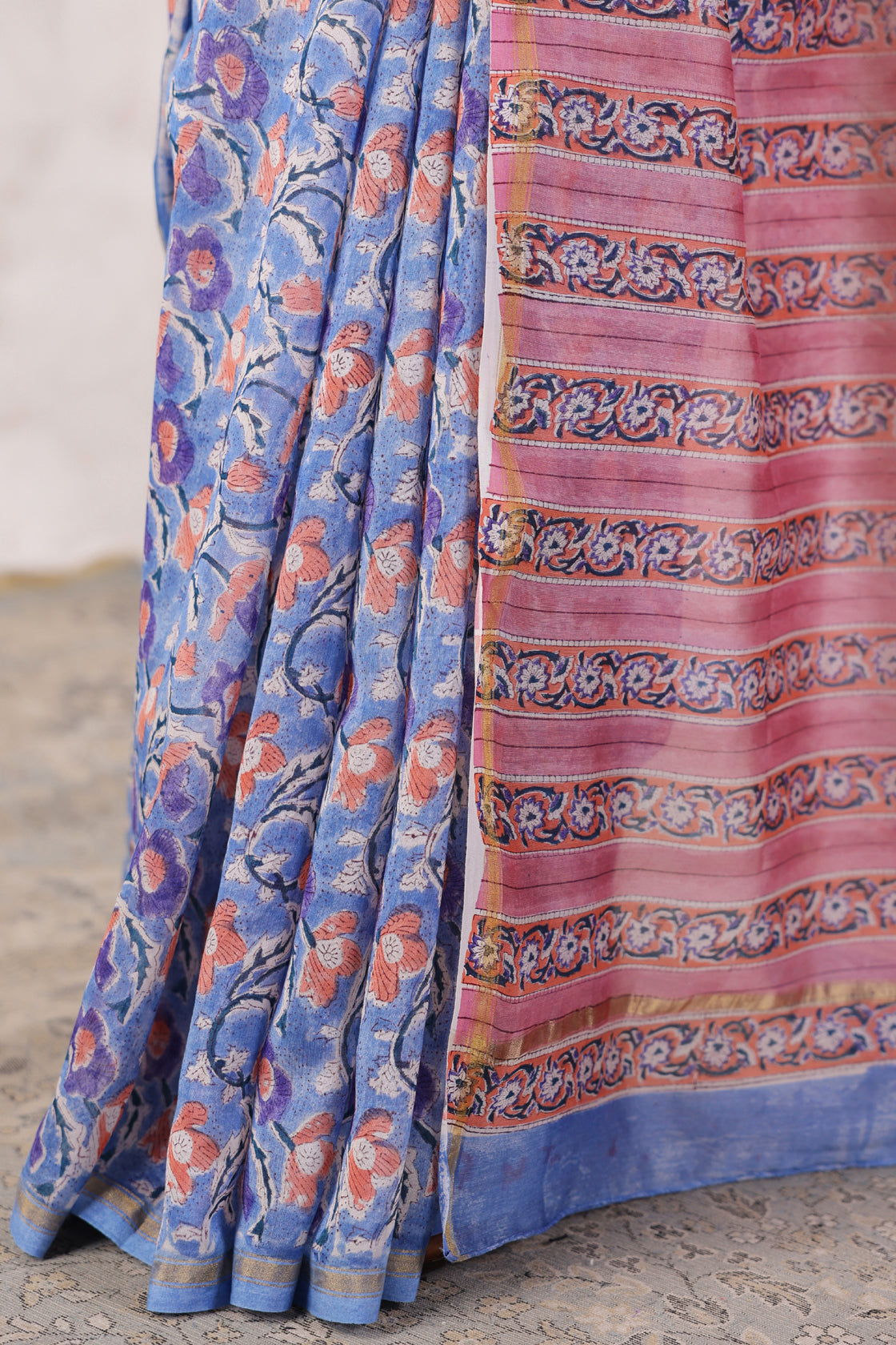 Blue Hand Block Printed Bagru Pure Chanderi Sustainable Saree
