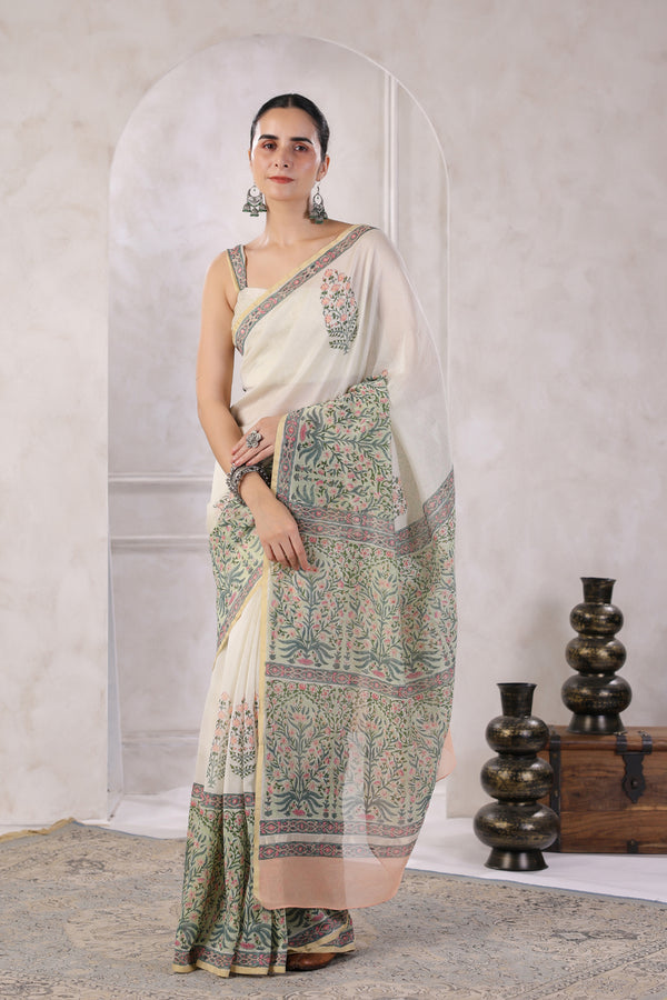 White Hand Block Printed Floral Chanderi Saree