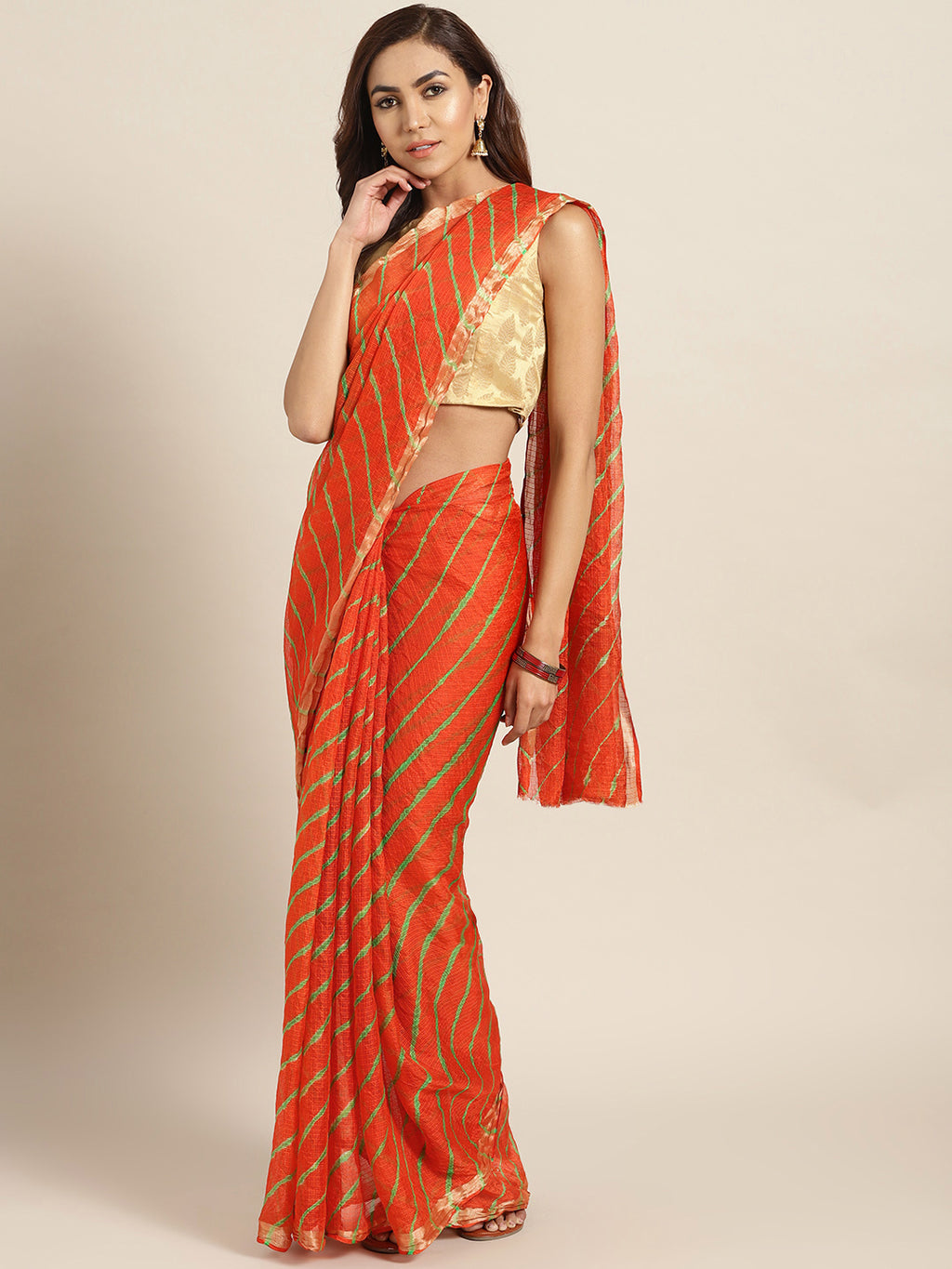 Dyed Orange Leheriya Kota Doria Saree