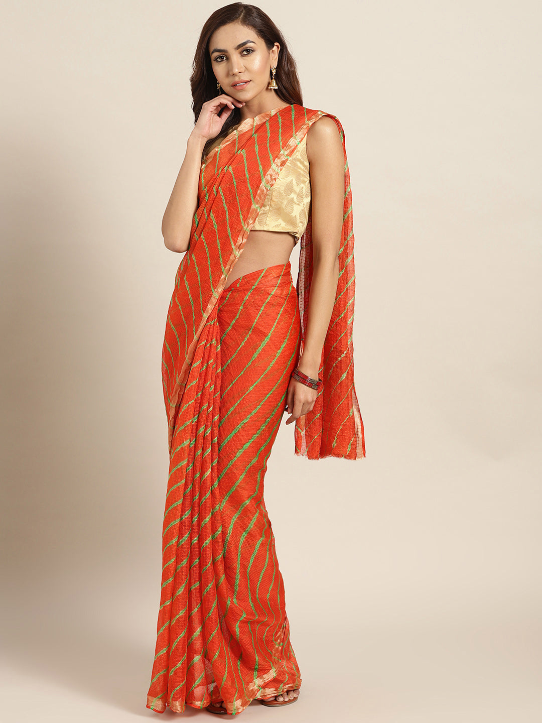 Dyed Orange Leheriya Kota Doria Saree
