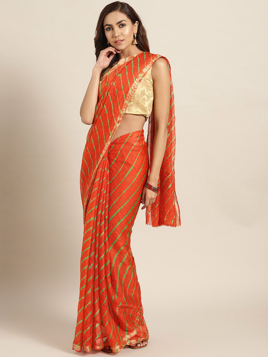 Dyed Orange Leheriya Kota Doria Saree