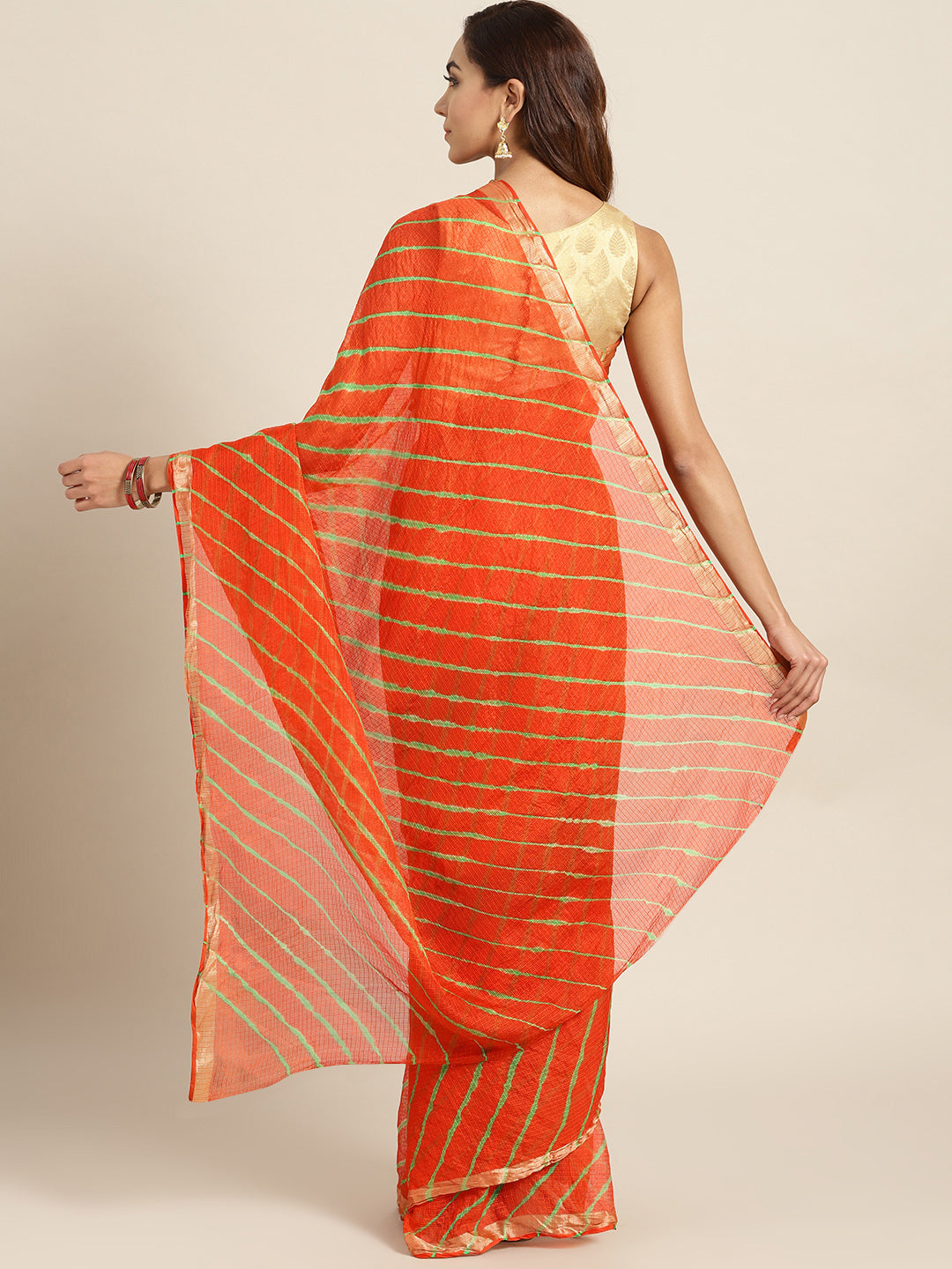 Dyed Orange Leheriya Kota Doria Saree