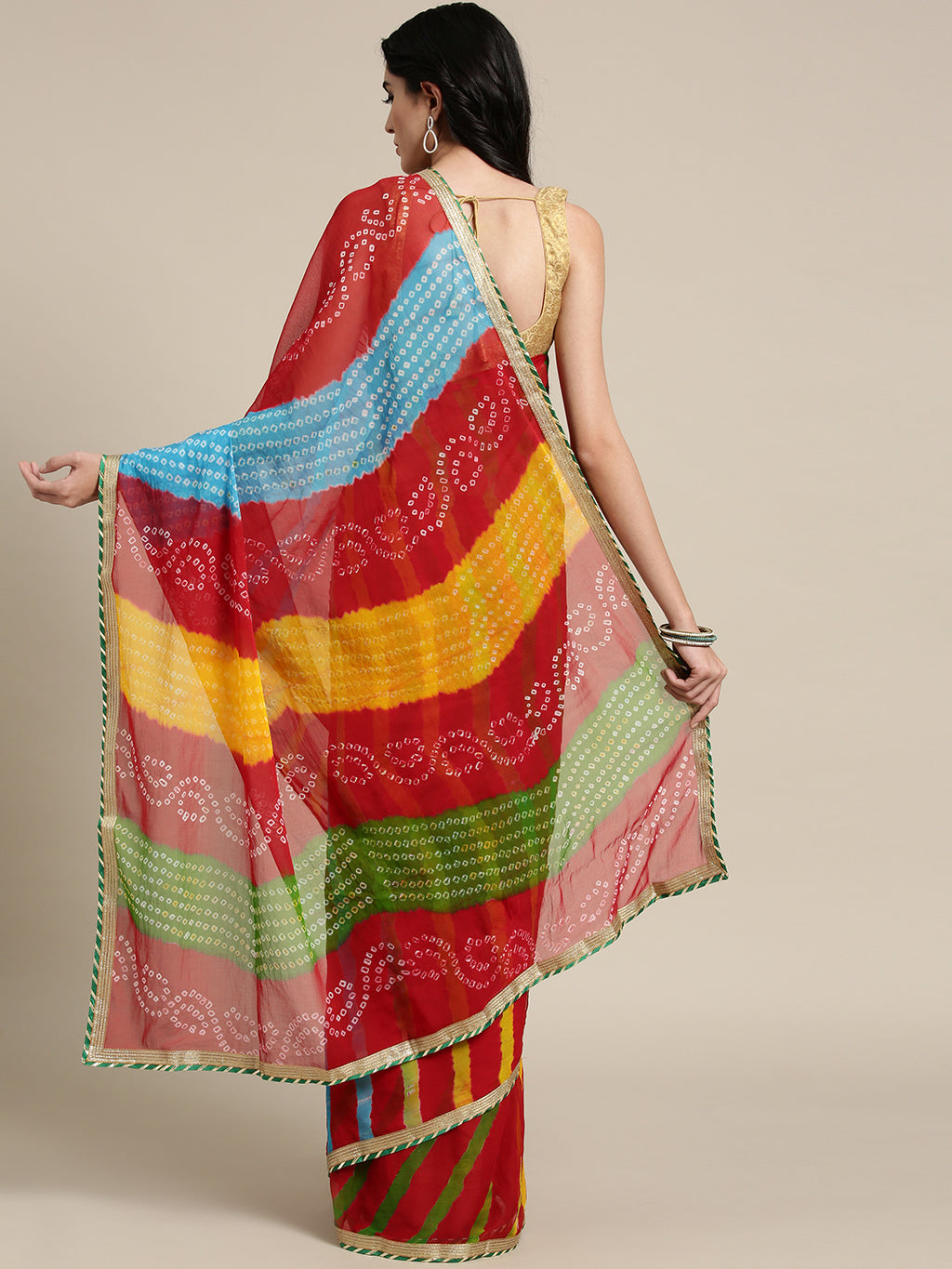 Red Lehariya Bandhani Chiffon Saree