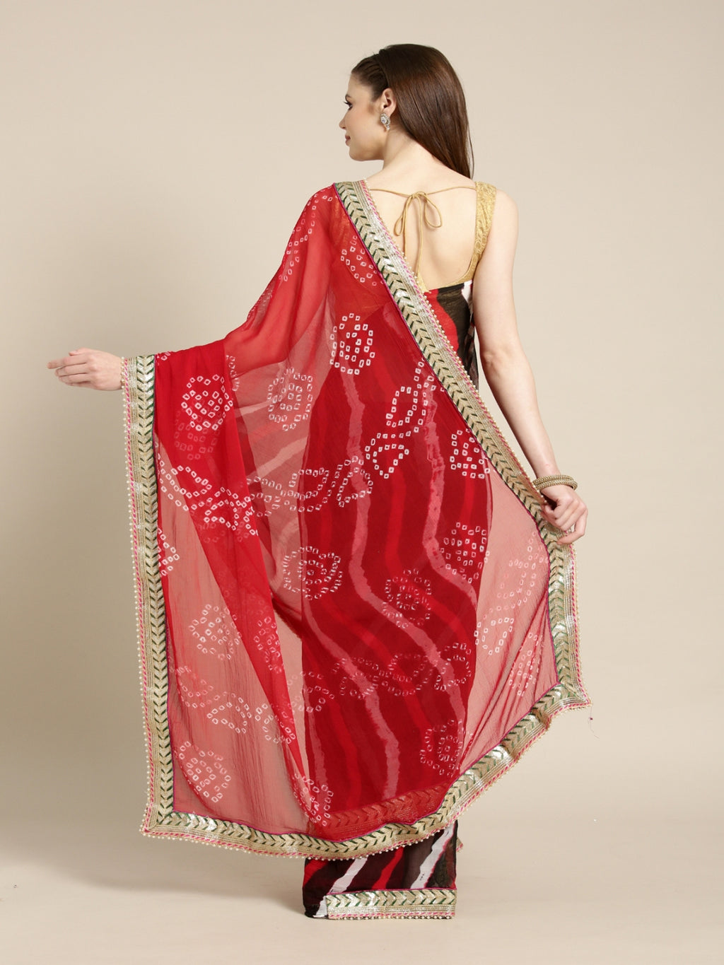 Black & Red Leheriya Bandhani Chiffon Saree