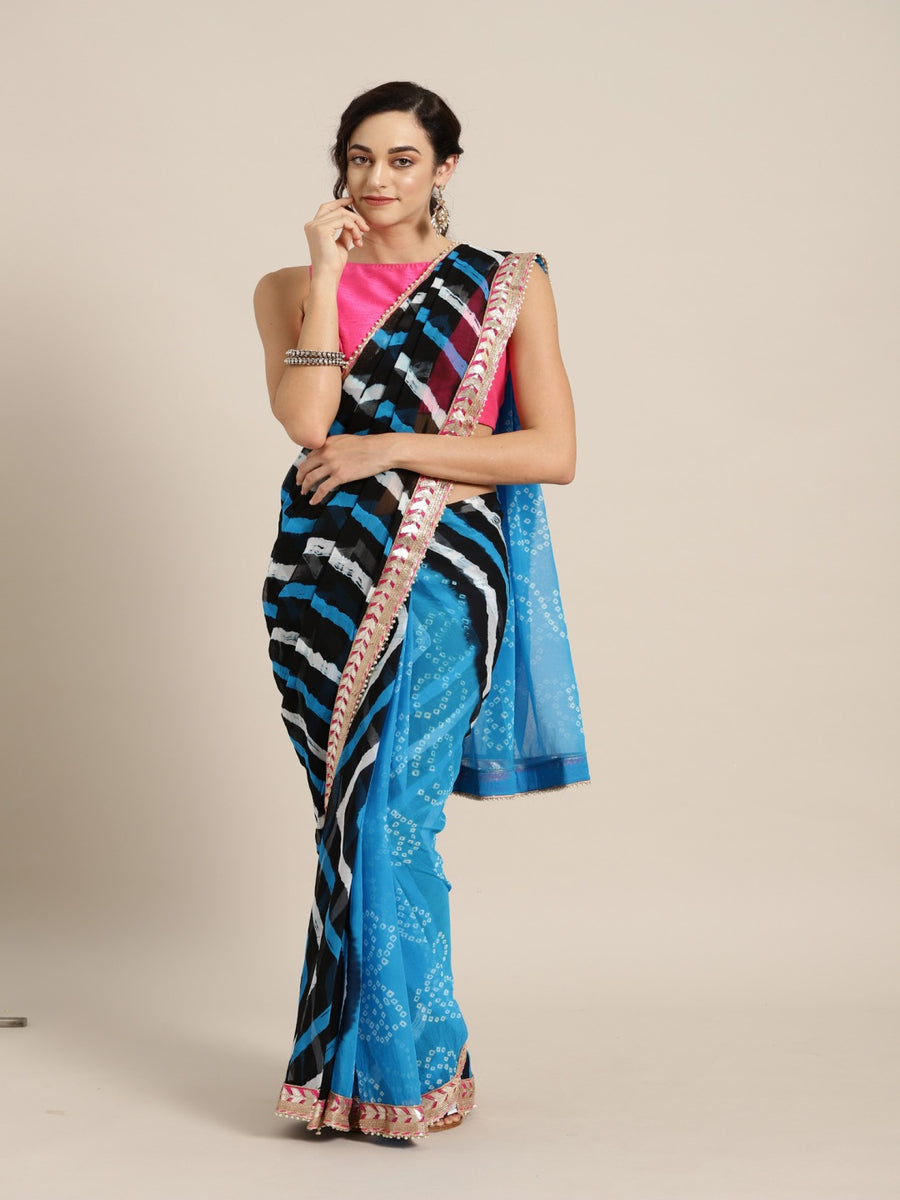 Bandhani Leheriya Embroidered Saree With Unstitched Blouse Piece