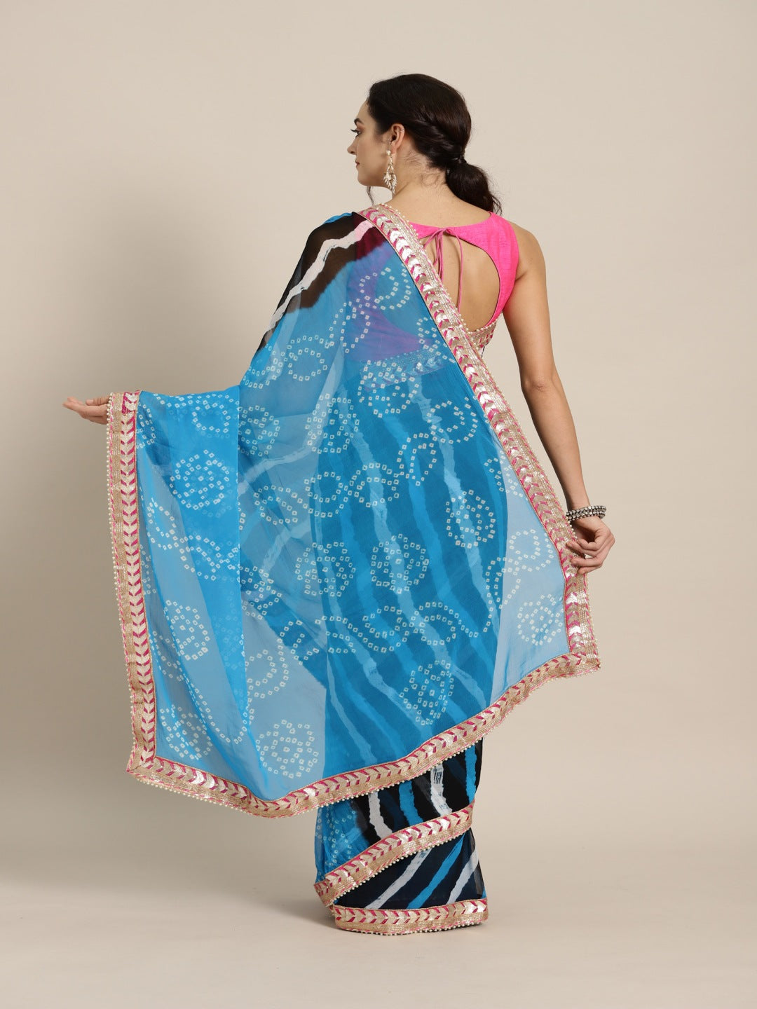 Bandhani Leheriya Embroidered Saree With Unstitched Blouse Piece