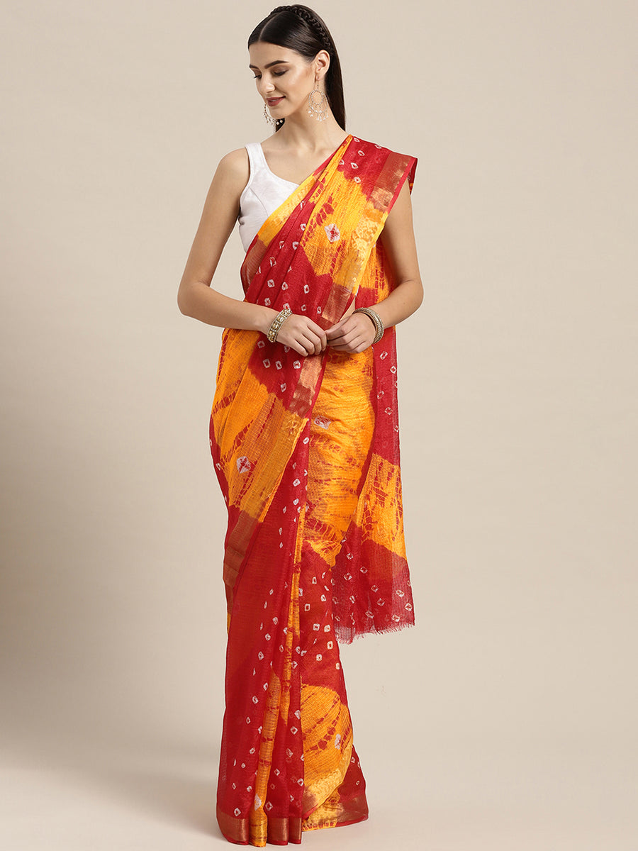 Hand Dyed Red & Yellow Bandhani Kota Doria  Sustainable Saree