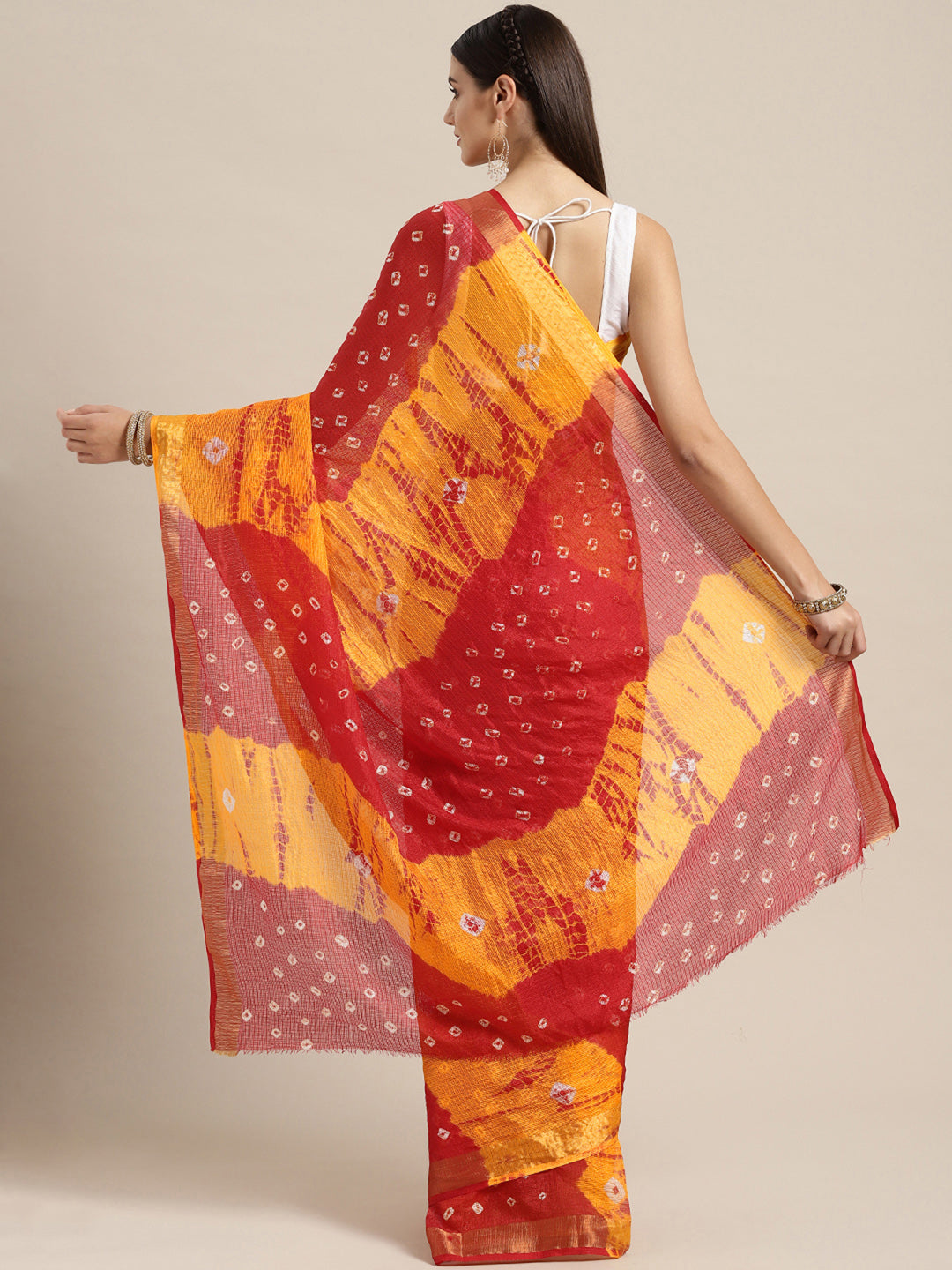 Hand Dyed Red & Yellow Bandhani Kota Doria  Sustainable Saree