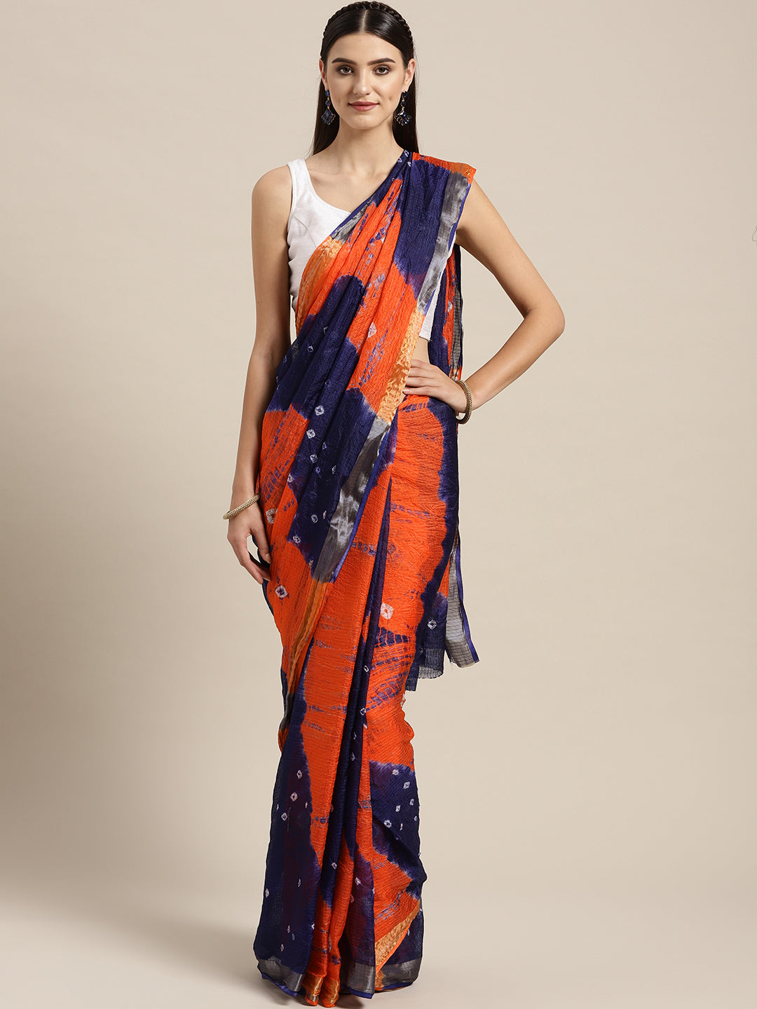 Hand Dyed Orange & Navy Blue Bandhani Kota Doria  Sustainable Saree