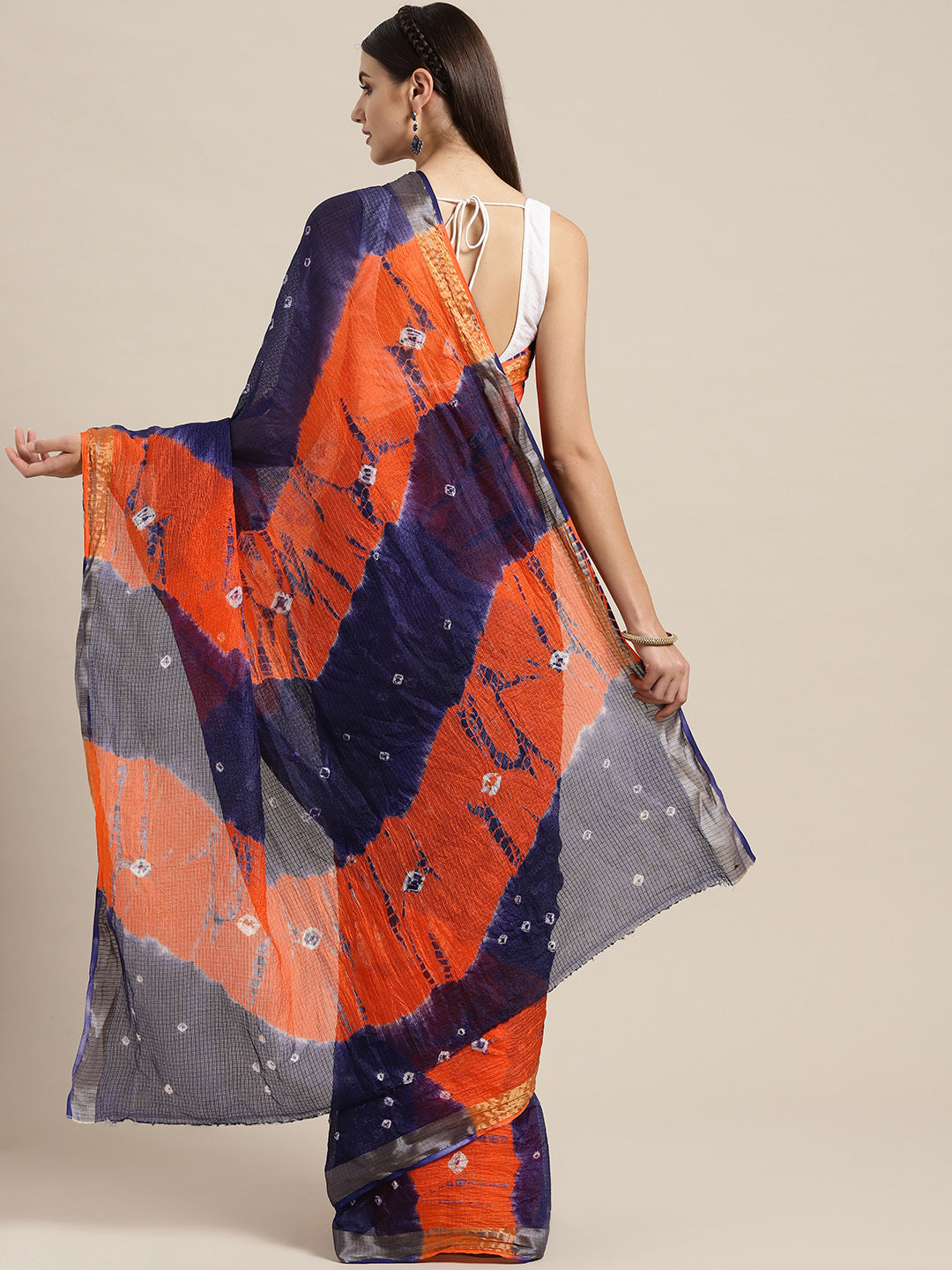Hand Dyed Orange & Navy Blue Bandhani Kota Doria  Sustainable Saree