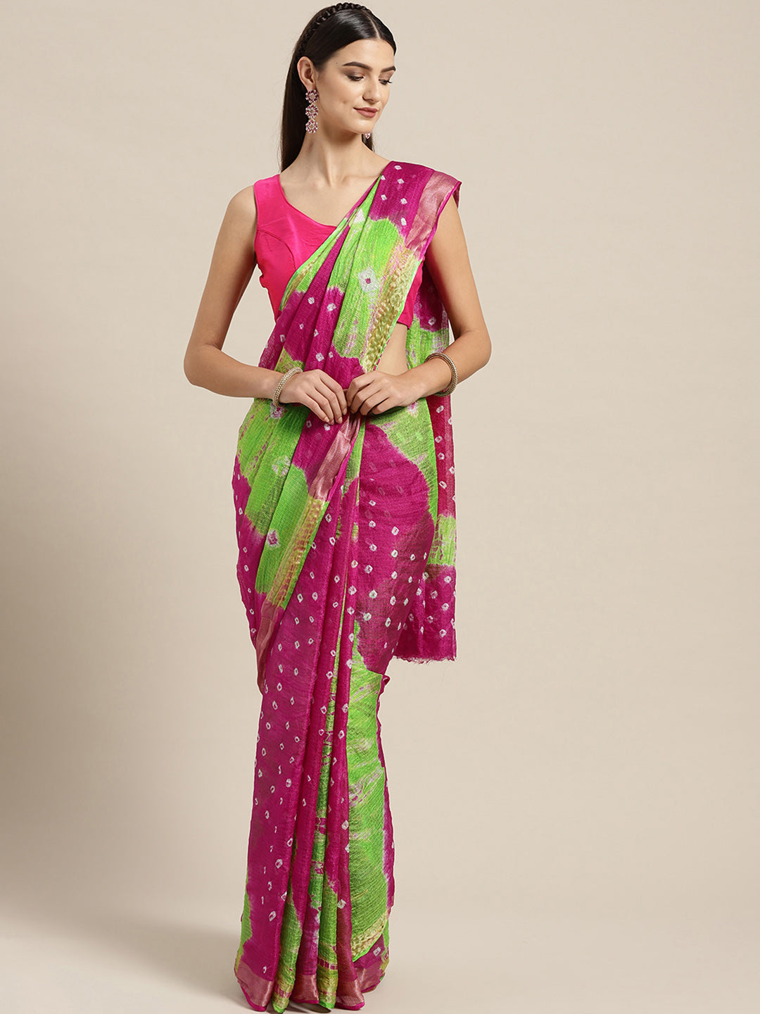 Hand Dyed Pink & Green Bandhani Kota Doria  Sustainable Saree