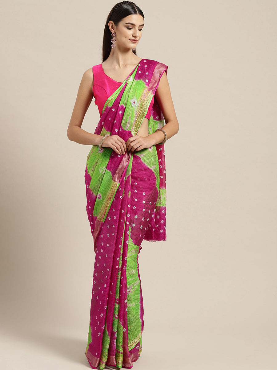 Hand Dyed Pink & Green Bandhani Kota Doria  Sustainable Saree
