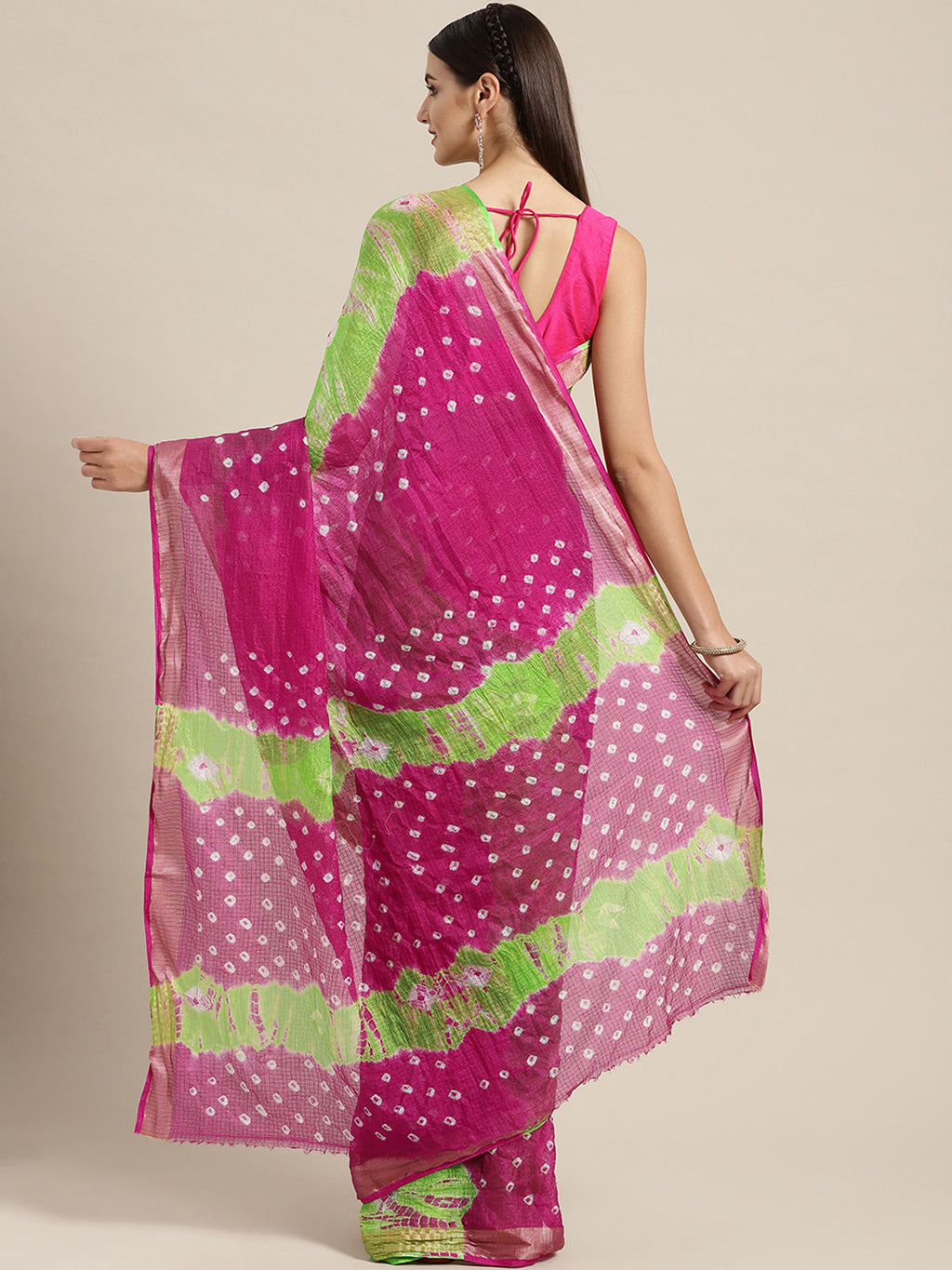 Hand Dyed Pink & Green Bandhani Kota Doria  Sustainable Saree