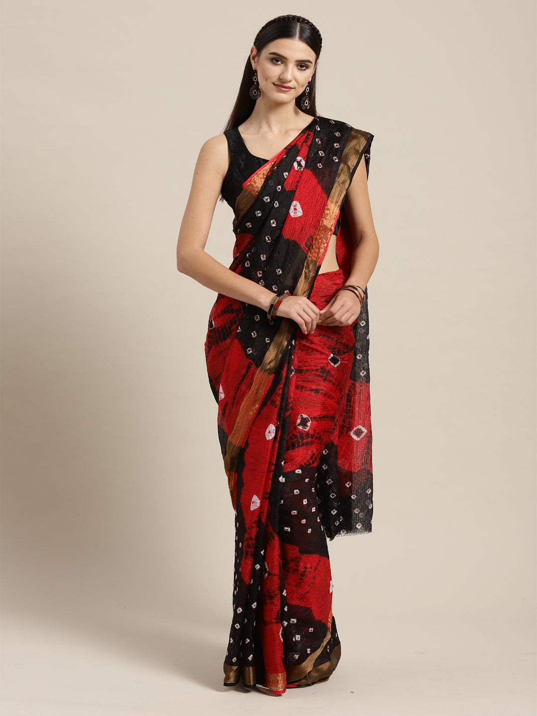 Red & Black Bandhani Art Silk Saree