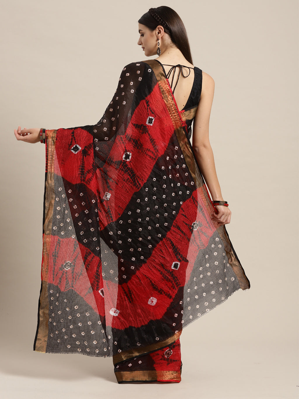 Red & Black Bandhani Art Silk Saree