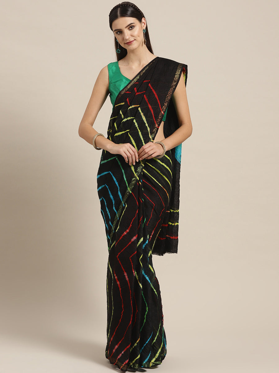 Black Hand Dyed Leheriya Art Silk Saree