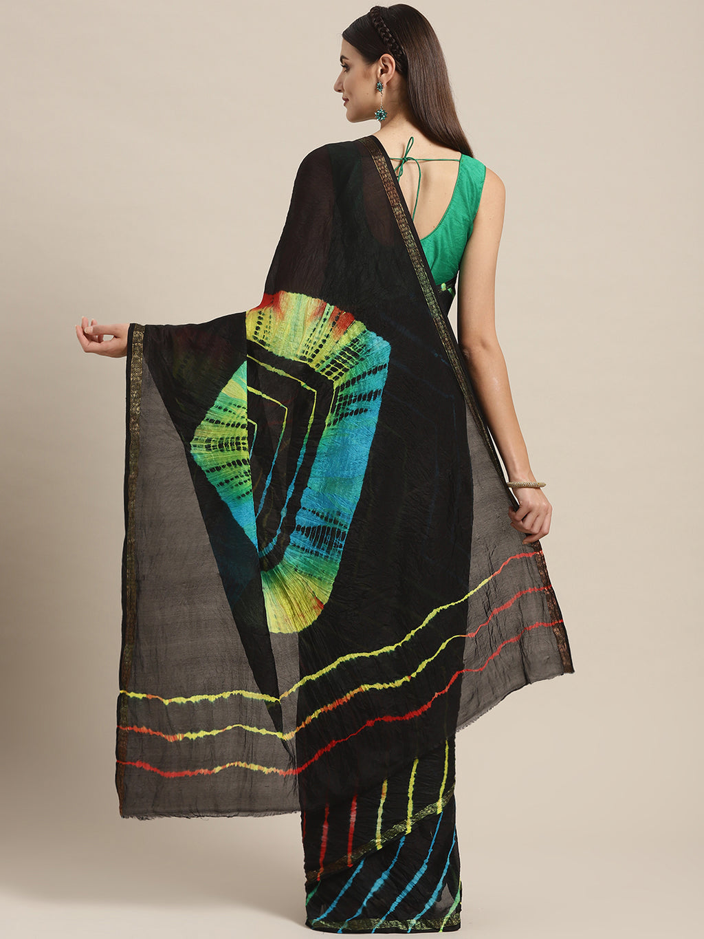 Black Hand Dyed Leheriya Art Silk Saree
