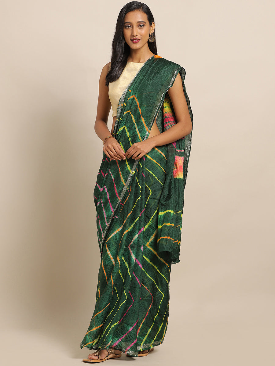 Green Hand Dyed Leheriya Printed Art Silk Saree