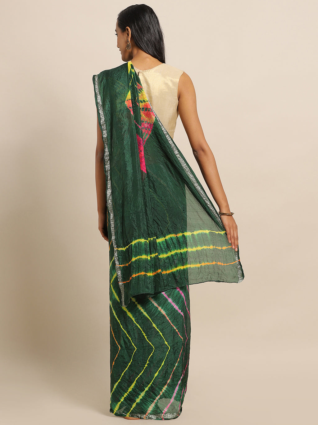 Green Hand Dyed Leheriya Printed Art Silk Saree