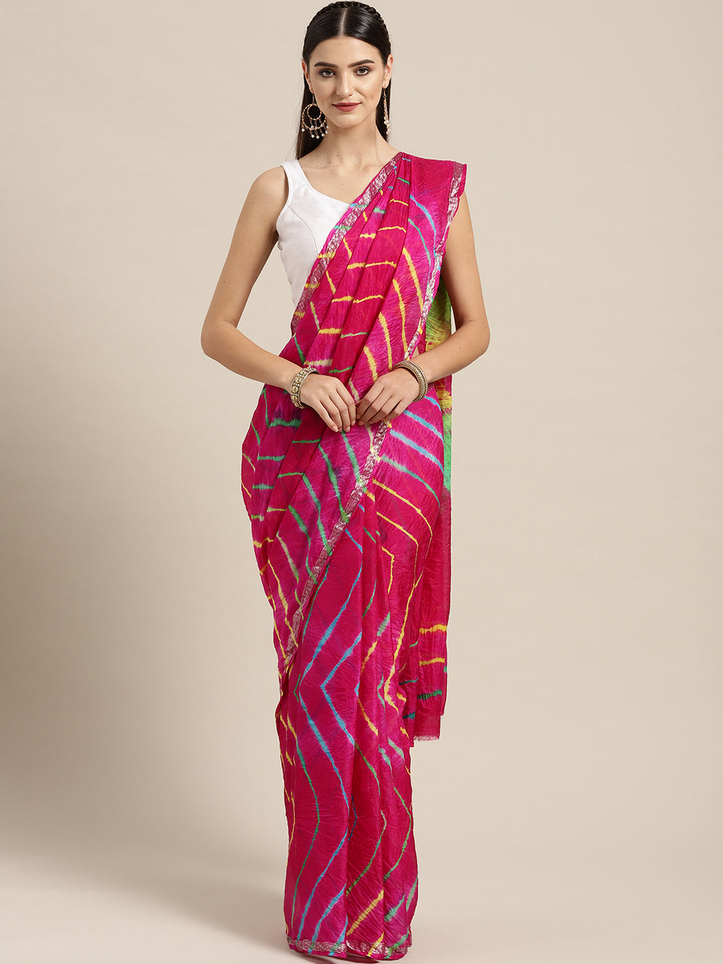Pink Hand Dyed Leheriya Printed Art Silk Saree