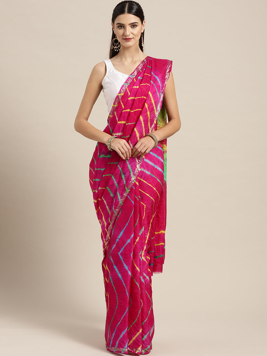 Pink Hand Dyed Leheriya Printed Art Silk Saree