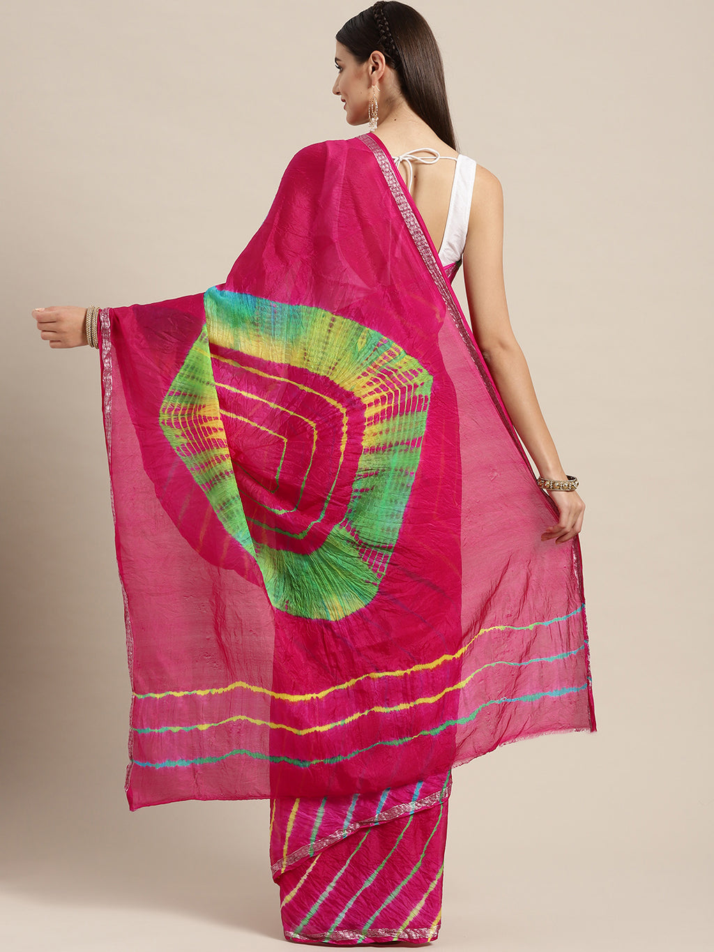 Pink Hand Dyed Leheriya Printed Art Silk Saree