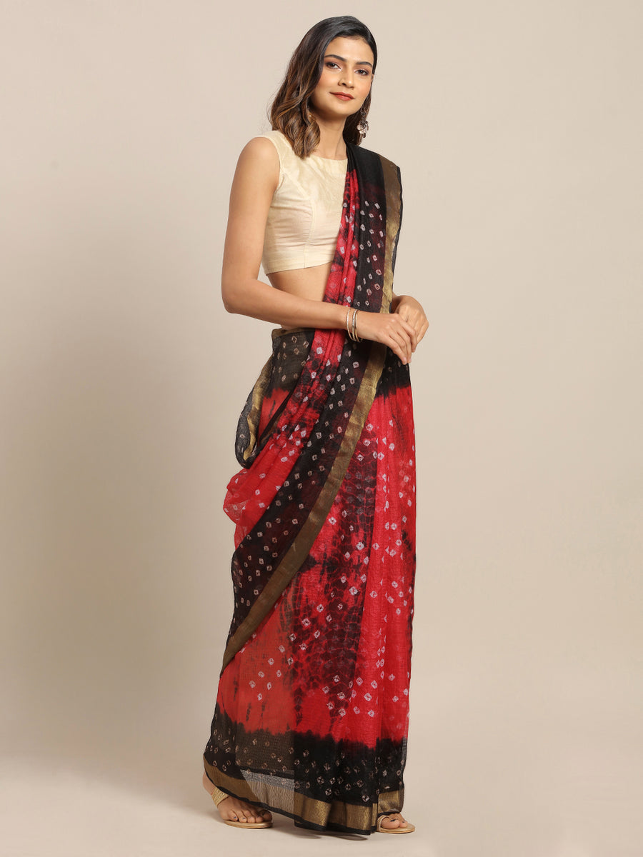 Red & Black Bandhani Printed Kota Doria Silk Saree