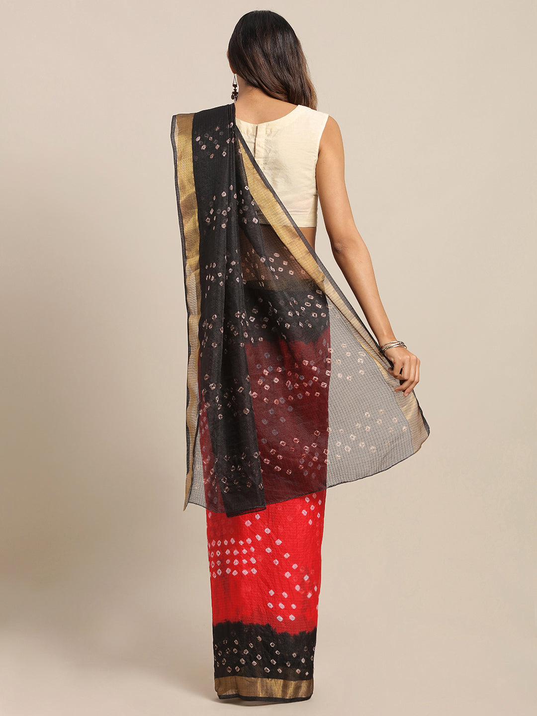 Red & Black Bandhani Printed Kota Doria Silk Saree