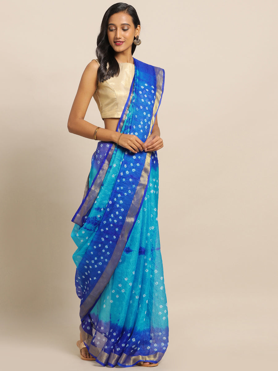 Blue Bandhani Printed Kota Doria Silk Saree