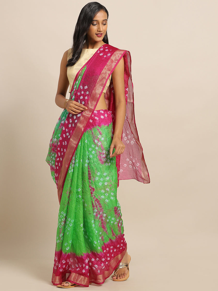 Green & Pink Bandhani Printed Kota Doria Silk Saree