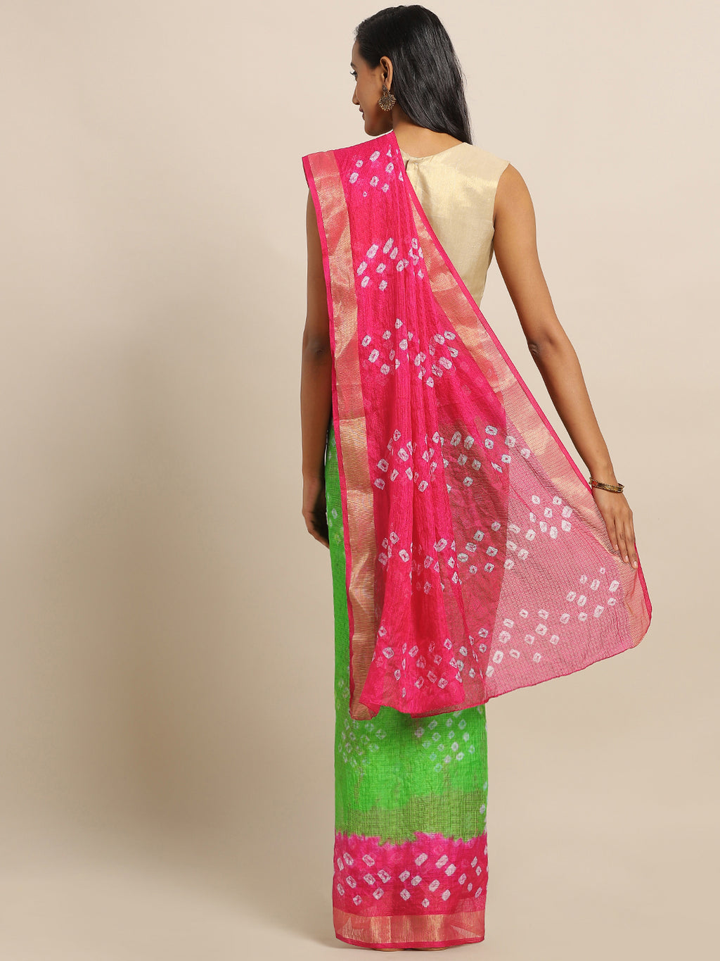 Green & Pink Bandhani Printed Kota Doria Silk Saree