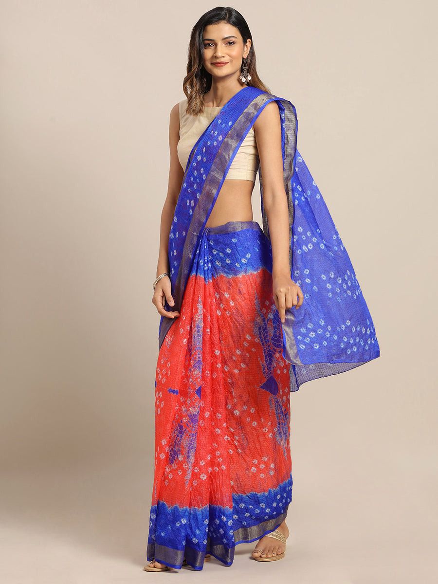 Orange & Blue Bandhani Printed Kota Doria Silk Saree