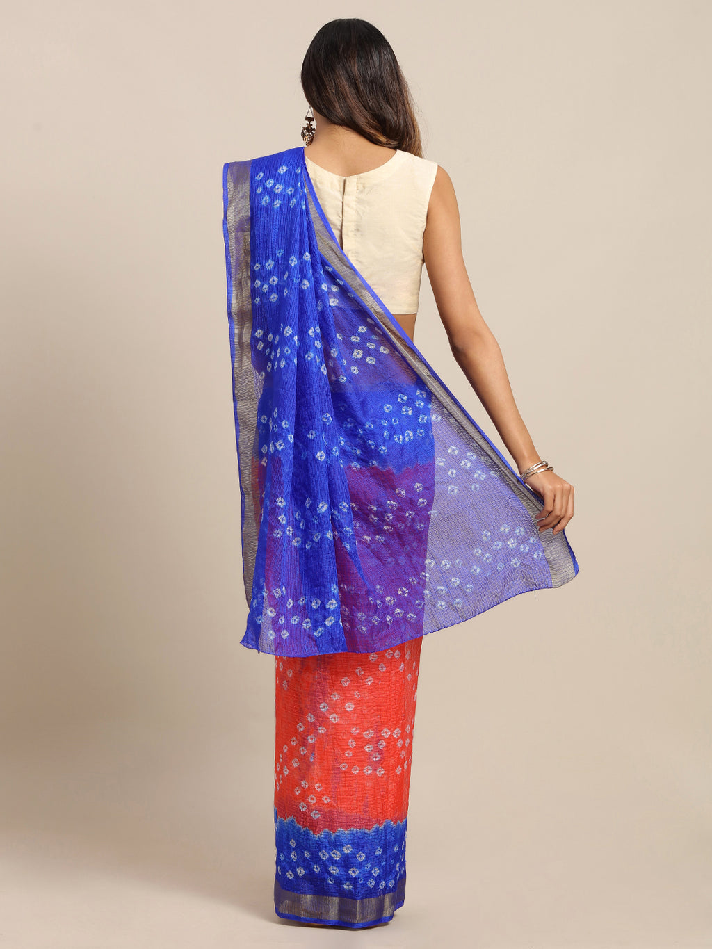 Orange & Blue Bandhani Printed Kota Doria Silk Saree