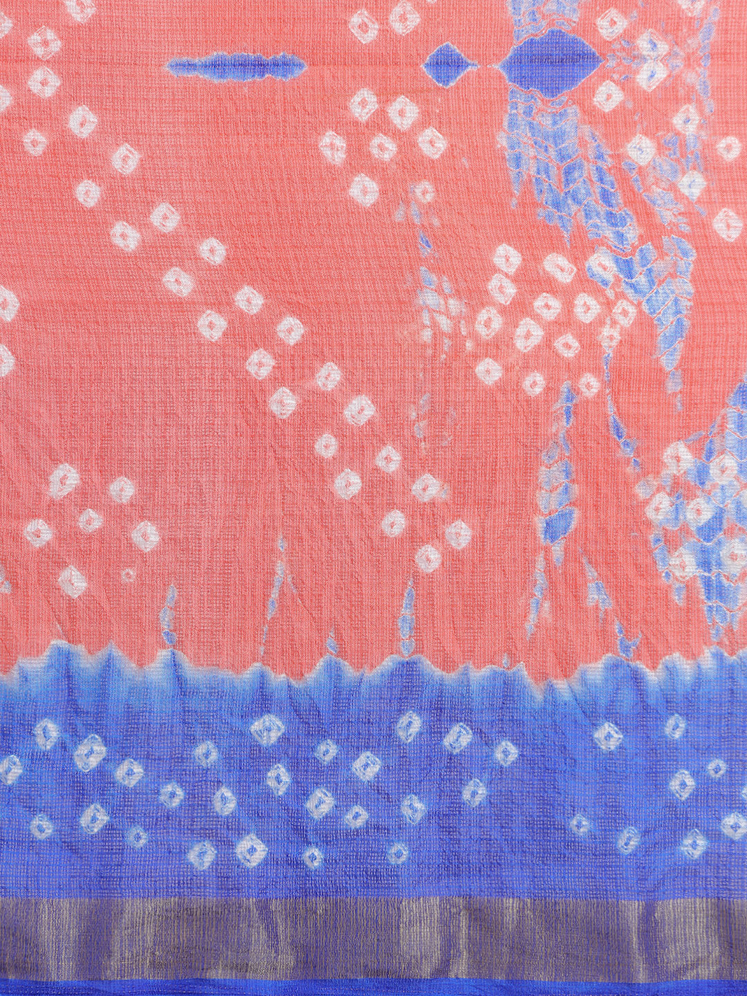 Orange & Blue Bandhani Printed Kota Doria Silk Saree