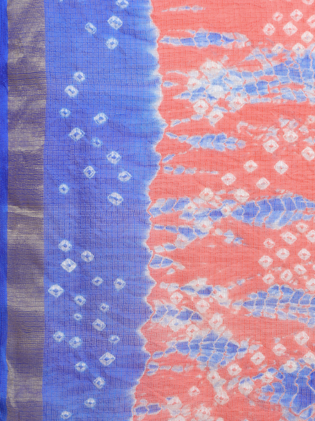 Orange & Blue Bandhani Printed Kota Doria Silk Saree