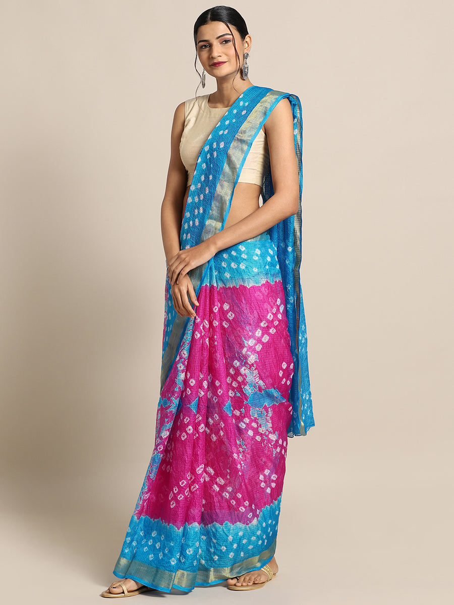 Pink & Blue Hand Dyed Kota Doria Silk Saree