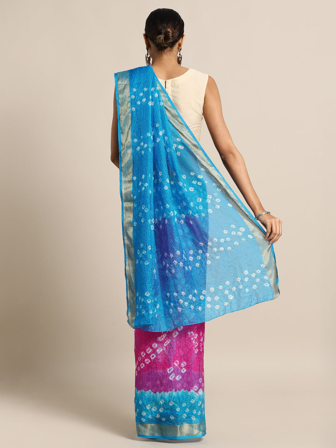 Pink & Blue Hand Dyed Kota Doria Silk Saree
